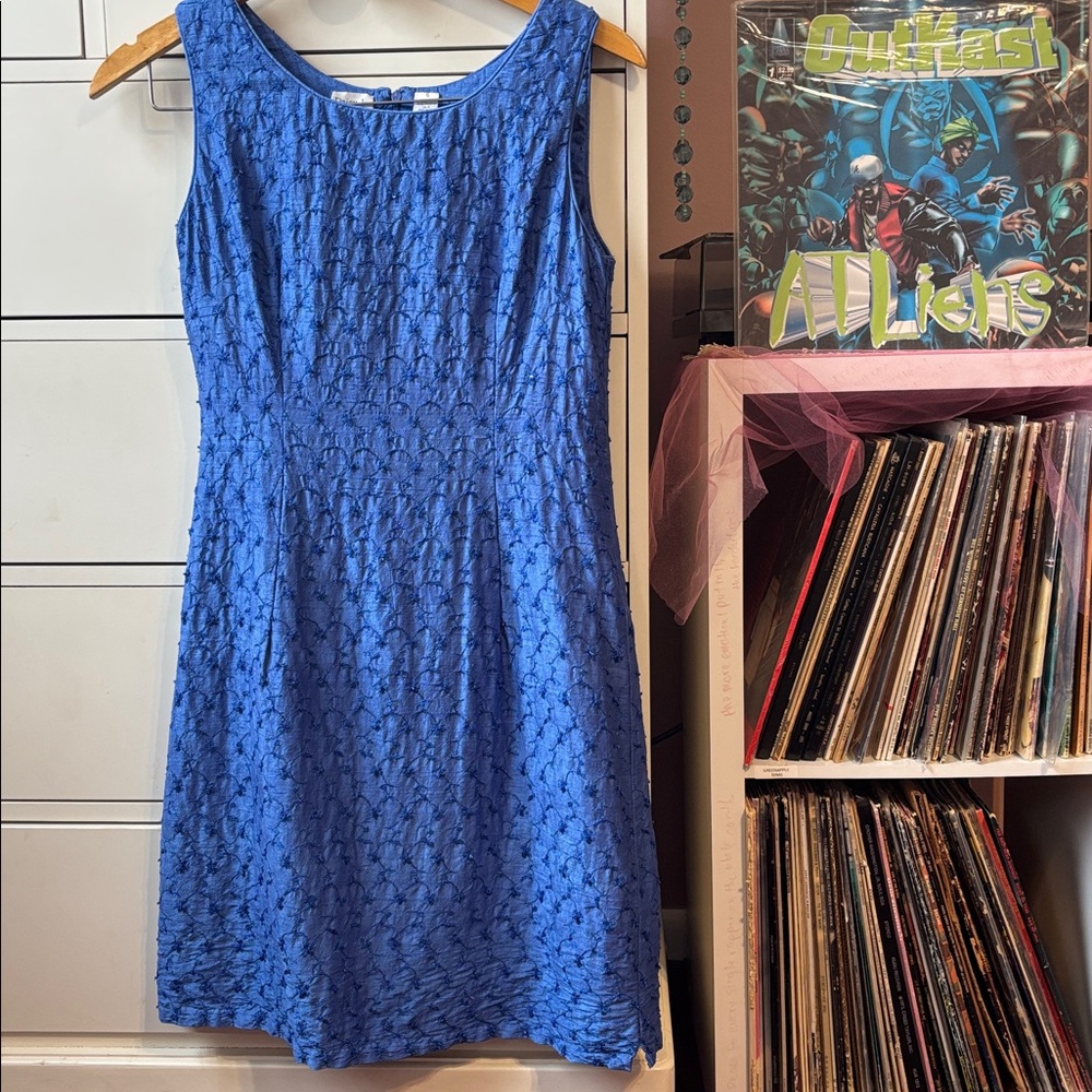 Vintage 90’s Silk Blue Dress Embroidered Beaded 6 Y2K Short Preppy Shift Cute Sm